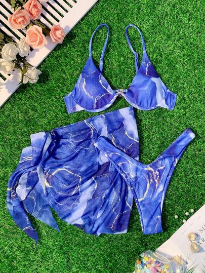 Conjunto + 3 peças Verão Praia Maiô Bikini com Aro e Saia de Praia em Estampa de Mármore