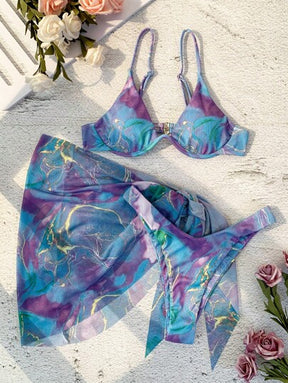 Conjunto + 3 peças Verão Praia Maiô Bikini com Aro e Saia de Praia em Estampa de Mármore