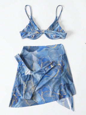 Conjunto + 3 peças Verão Praia Maiô Bikini com Aro e Saia de Praia em Estampa de Mármore