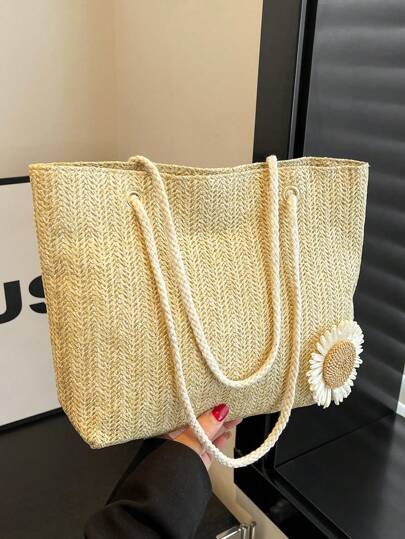 Bolsa de palha sólida versátil de cor única para mulheres